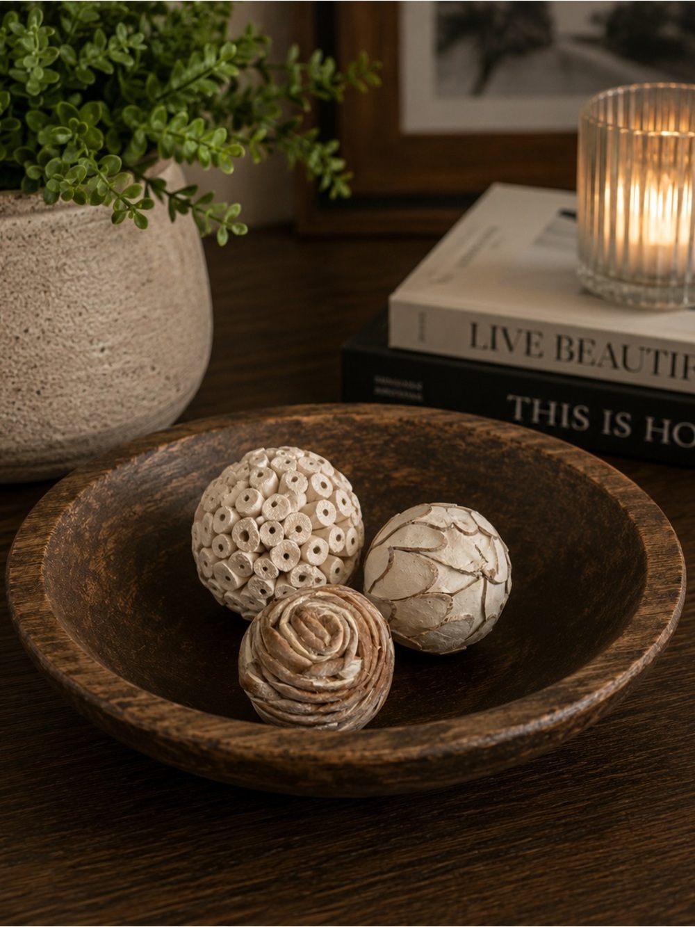 Natural Textured Decorative Orbs Set 3 Neutral Bowl Filler Spheres
